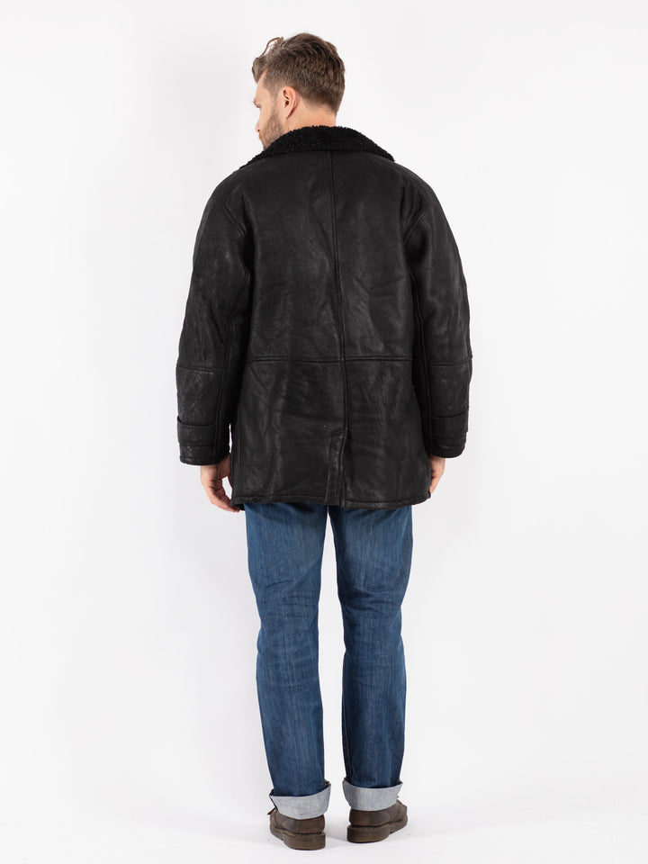 Vintage 70's Men Sheepskin Shearling Coat in Black