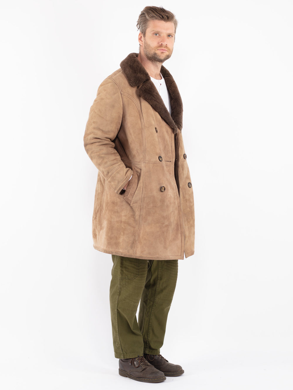 Vintage 70's Men Sheepskin Coat in Beige