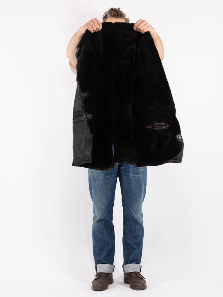 Vintage 70's Men Sheepskin Shearling Coat in Black