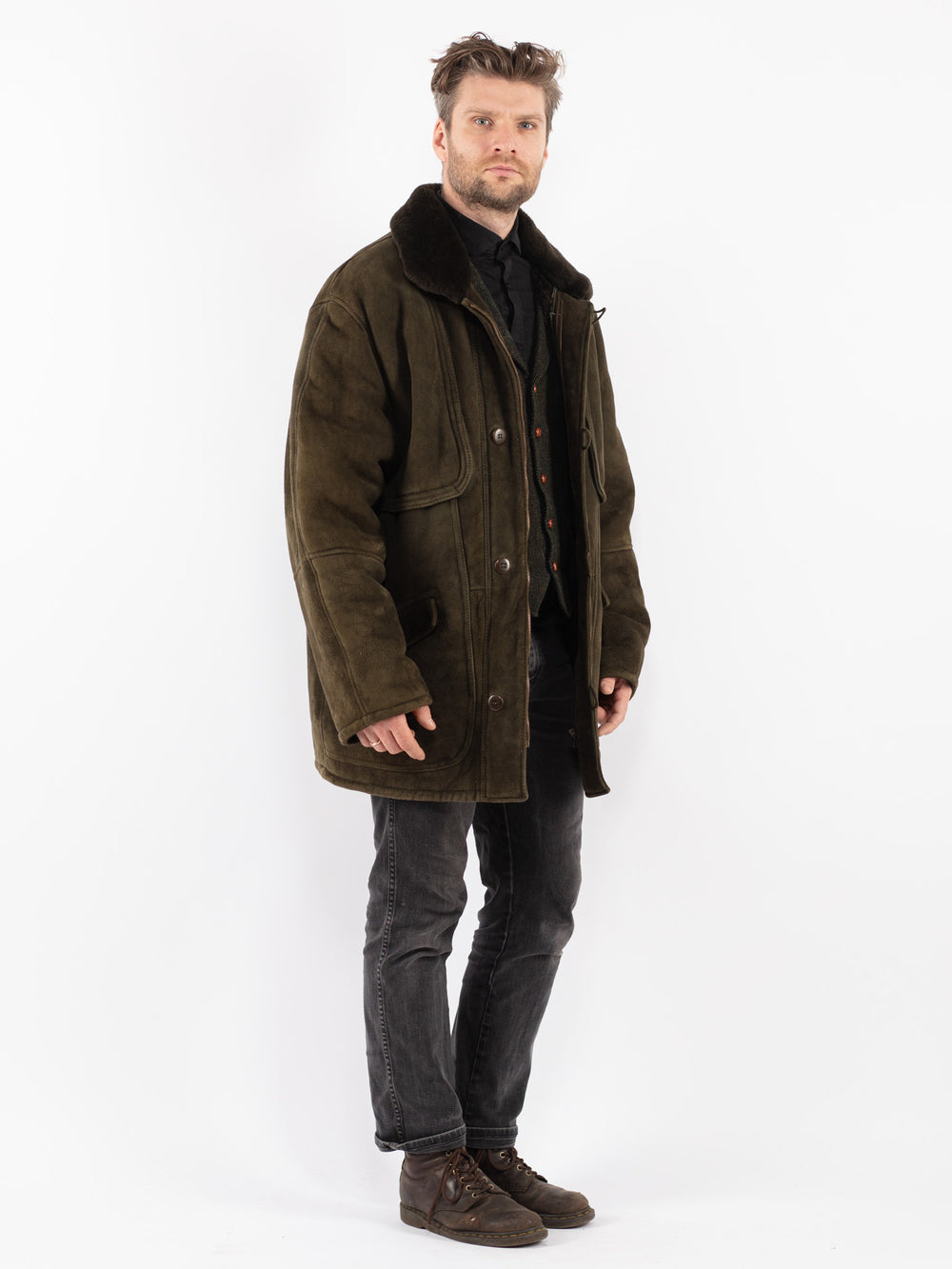 Vintage 70's Men Sheepskin Shearling Coat in Green