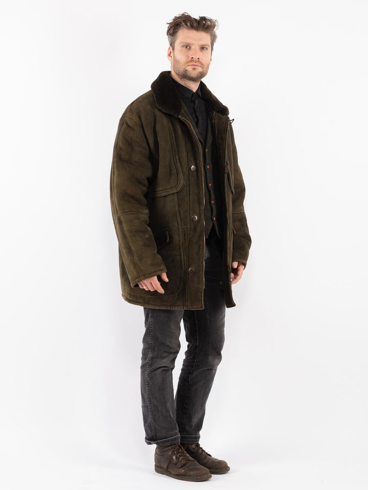 Vintage 70's Men Sheepskin Shearling Coat in Green