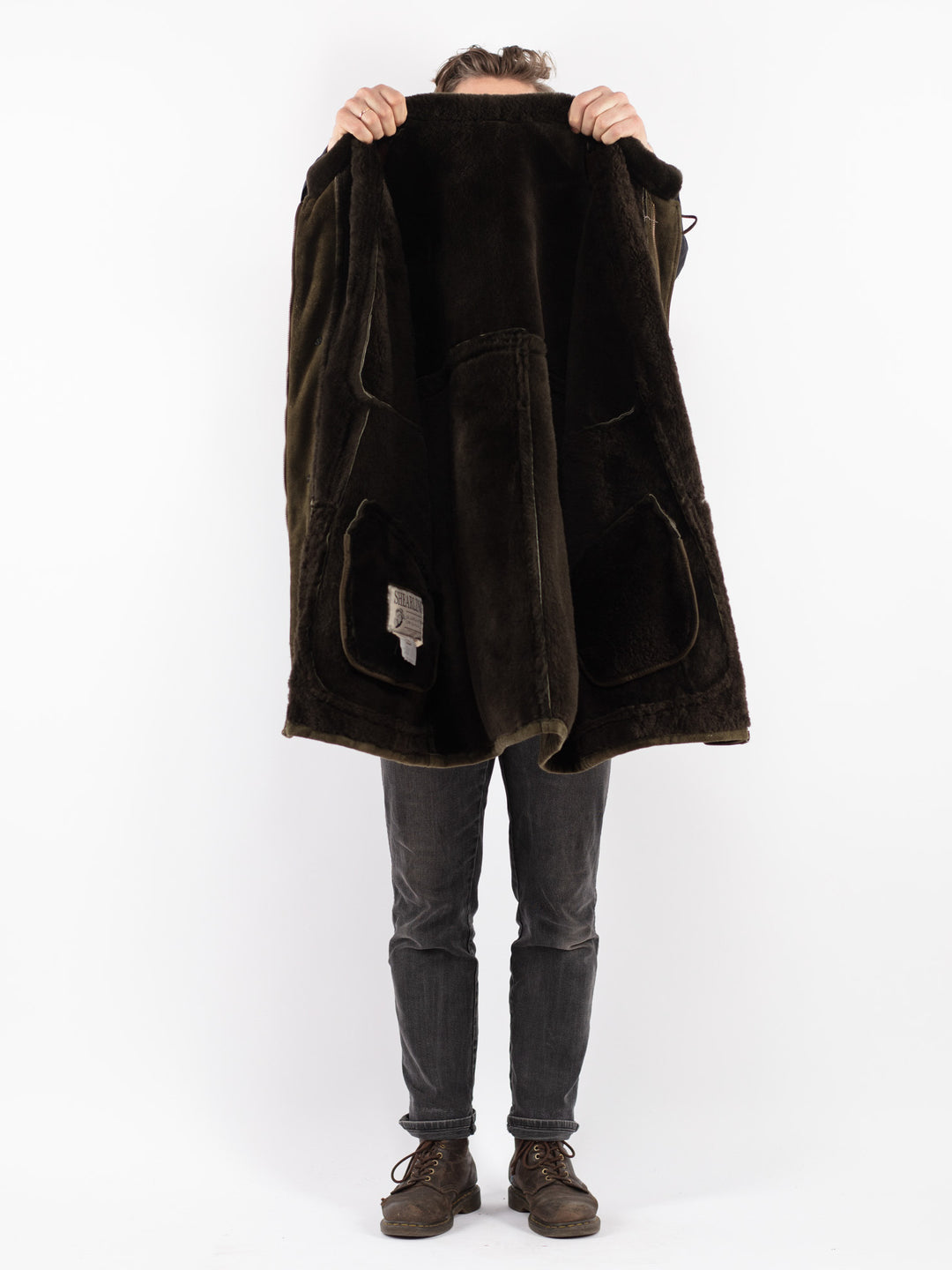 Vintage 70's Men Sheepskin Shearling Coat in Green