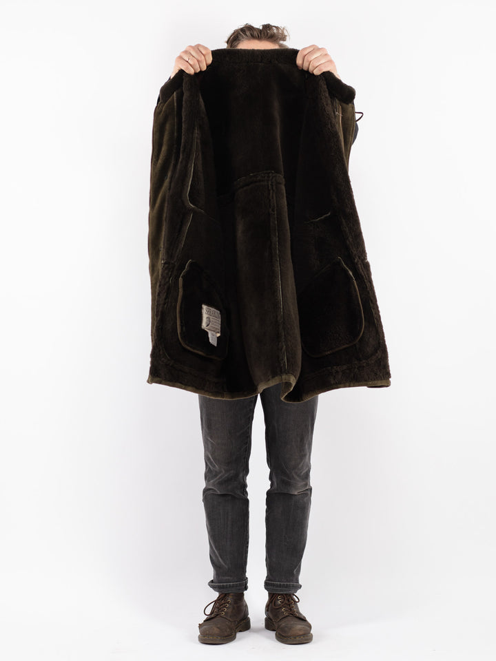 Vintage 70's Men Sheepskin Shearling Coat in Green