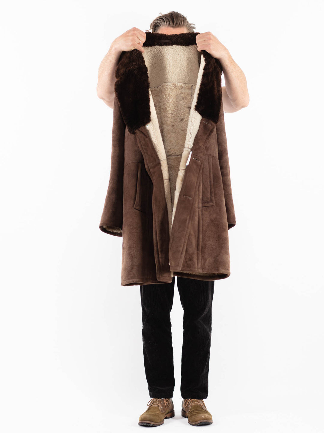 Vintage 70's Men Sheepskin Shearling Coat in BrownZ1863
