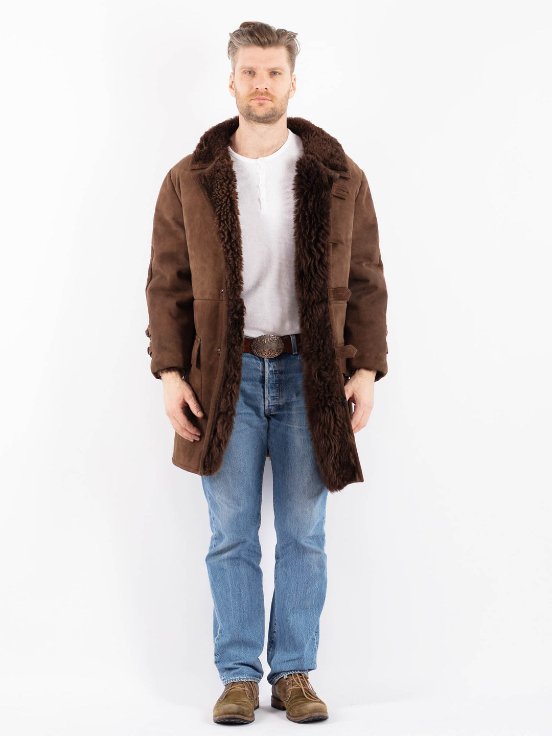 Vintage 70's Men Sheepskin Shearling Coat in BrownZ1425