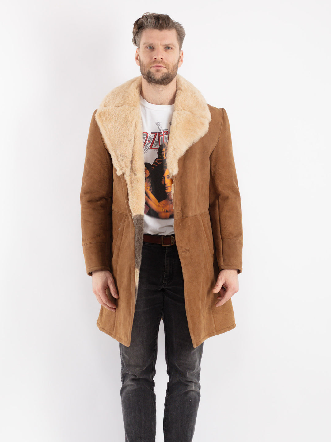Vintage 70's Men Sheepskin Shearling Coat in Brown