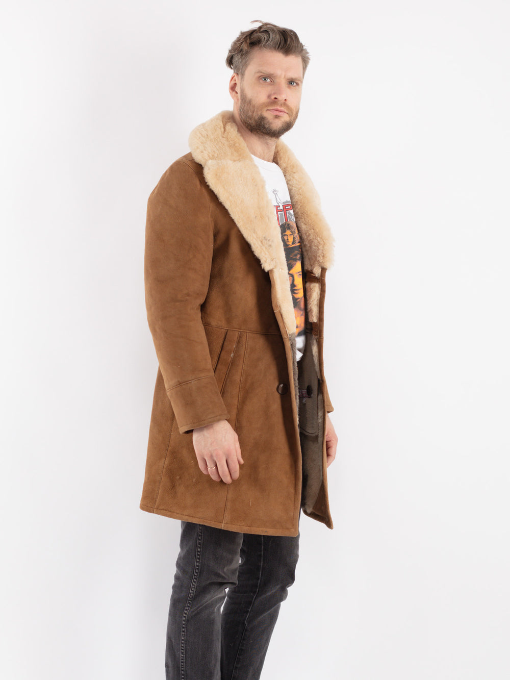 Vintage 70's Men Sheepskin Shearling Coat in Brown