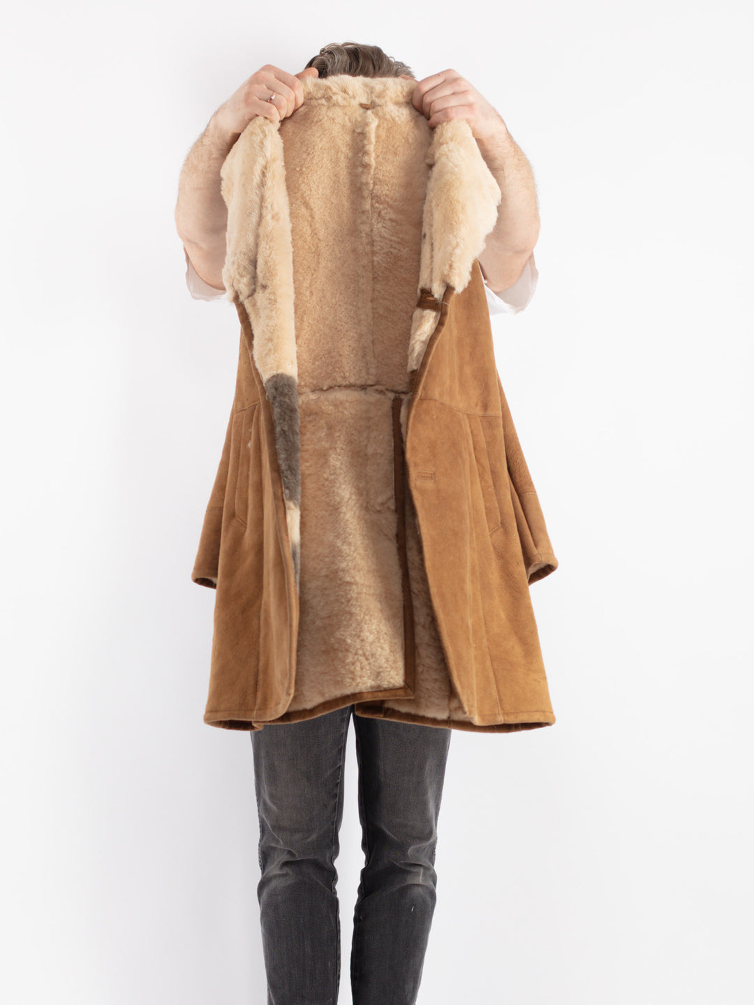 Vintage 70's Men Sheepskin Shearling Coat in Brown