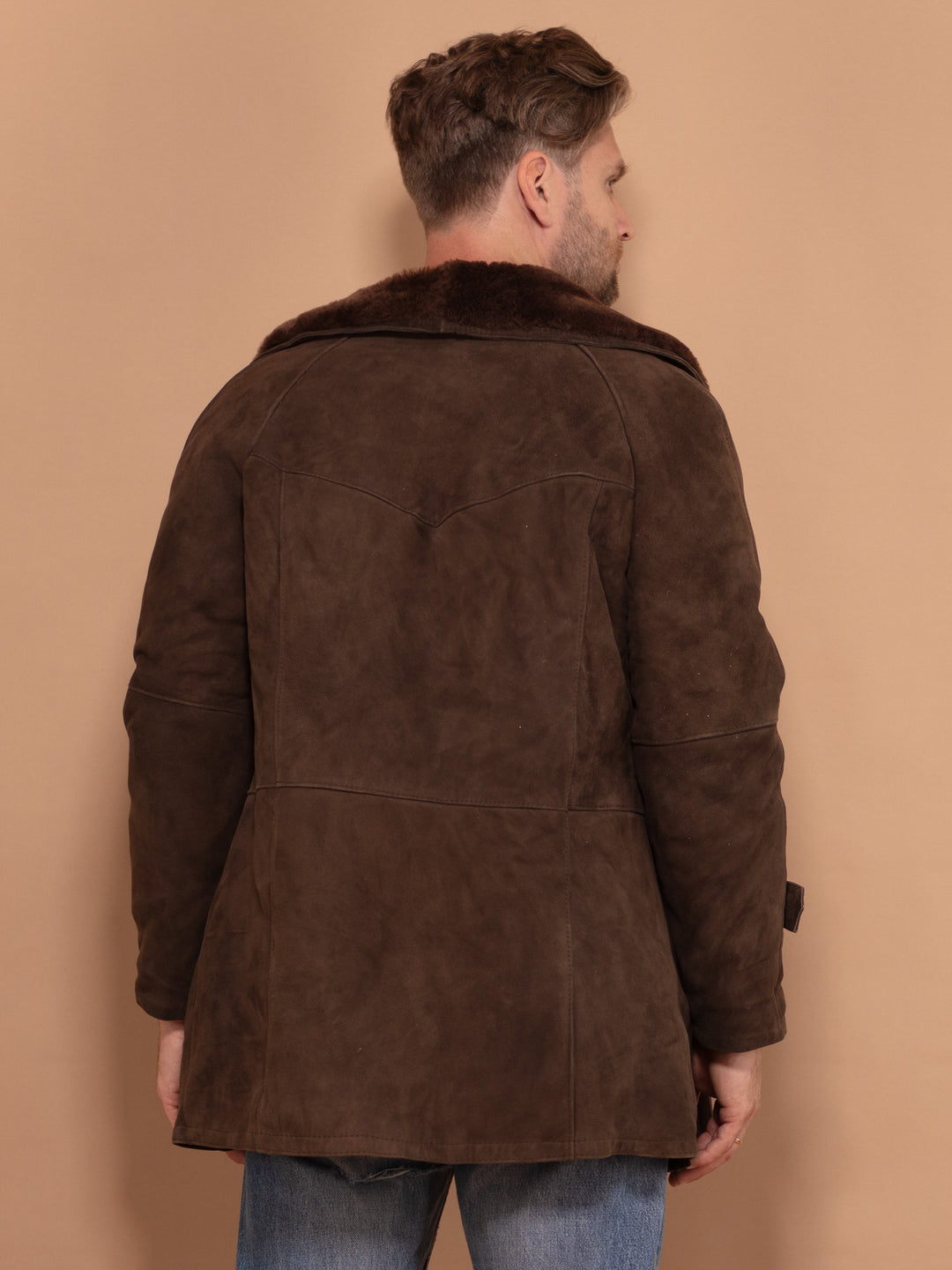 Vintage 70's Men Zip Up Sheepskin Coat in Brown