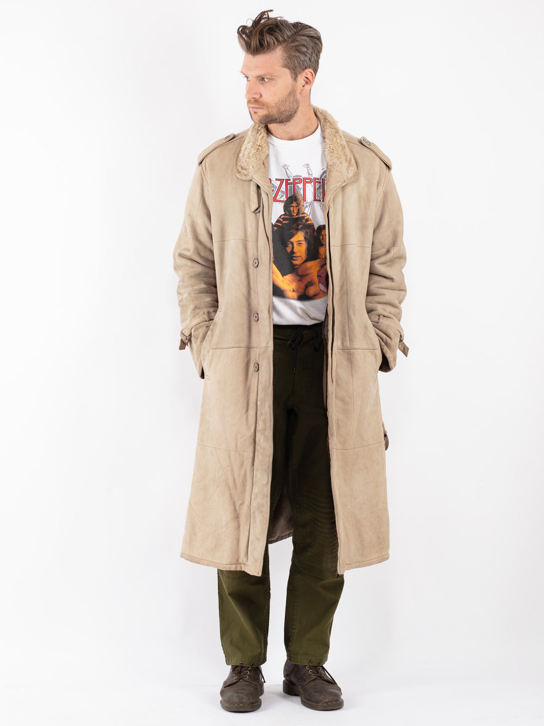 Vintage Men Sheepskin Coat in Beige