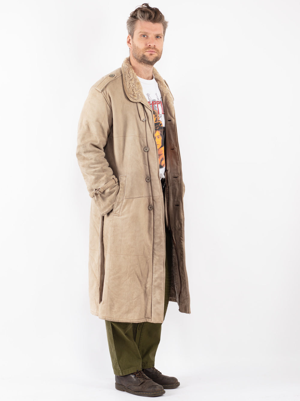 Vintage Men Sheepskin Coat in Beige