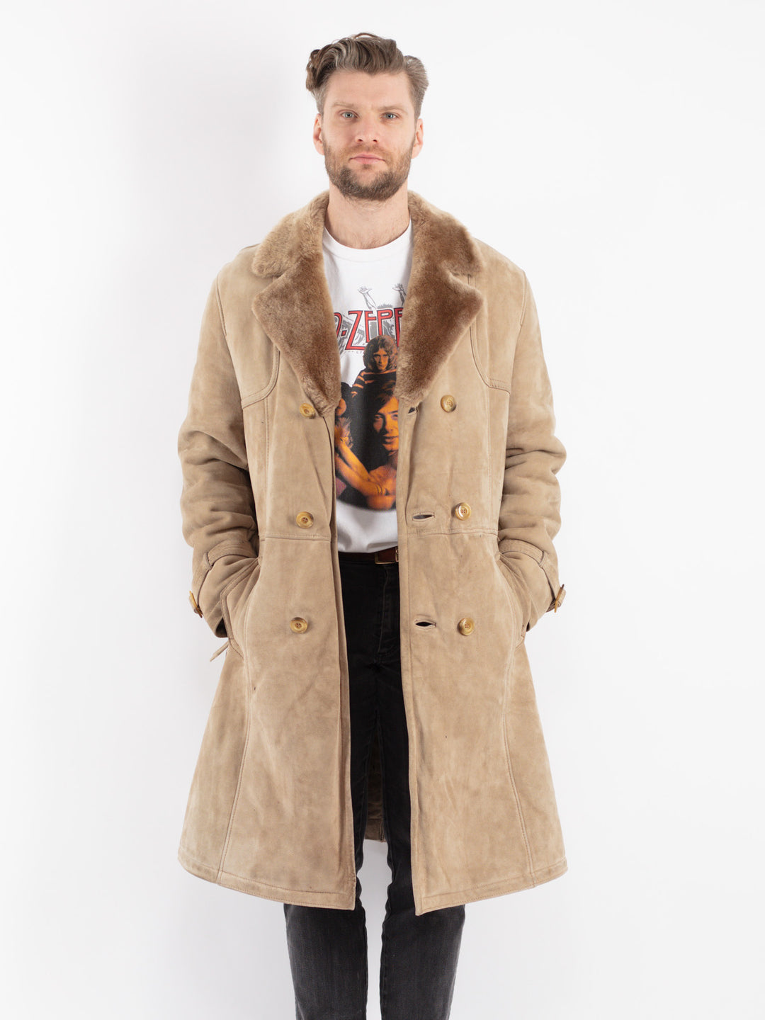 Vintage 70's Men Sheepskin Coat in Beige