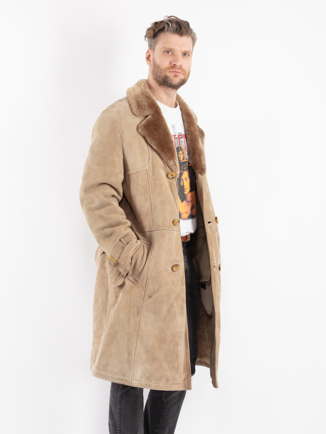 Vintage 70's Men Sheepskin Coat in Beige