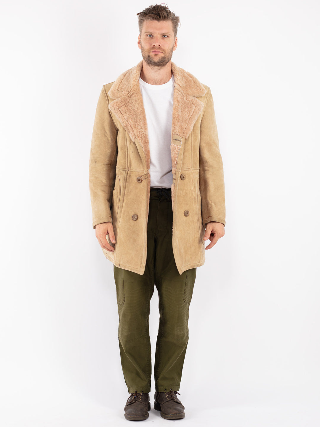Vintage Men Sheepskin Coat in Beige