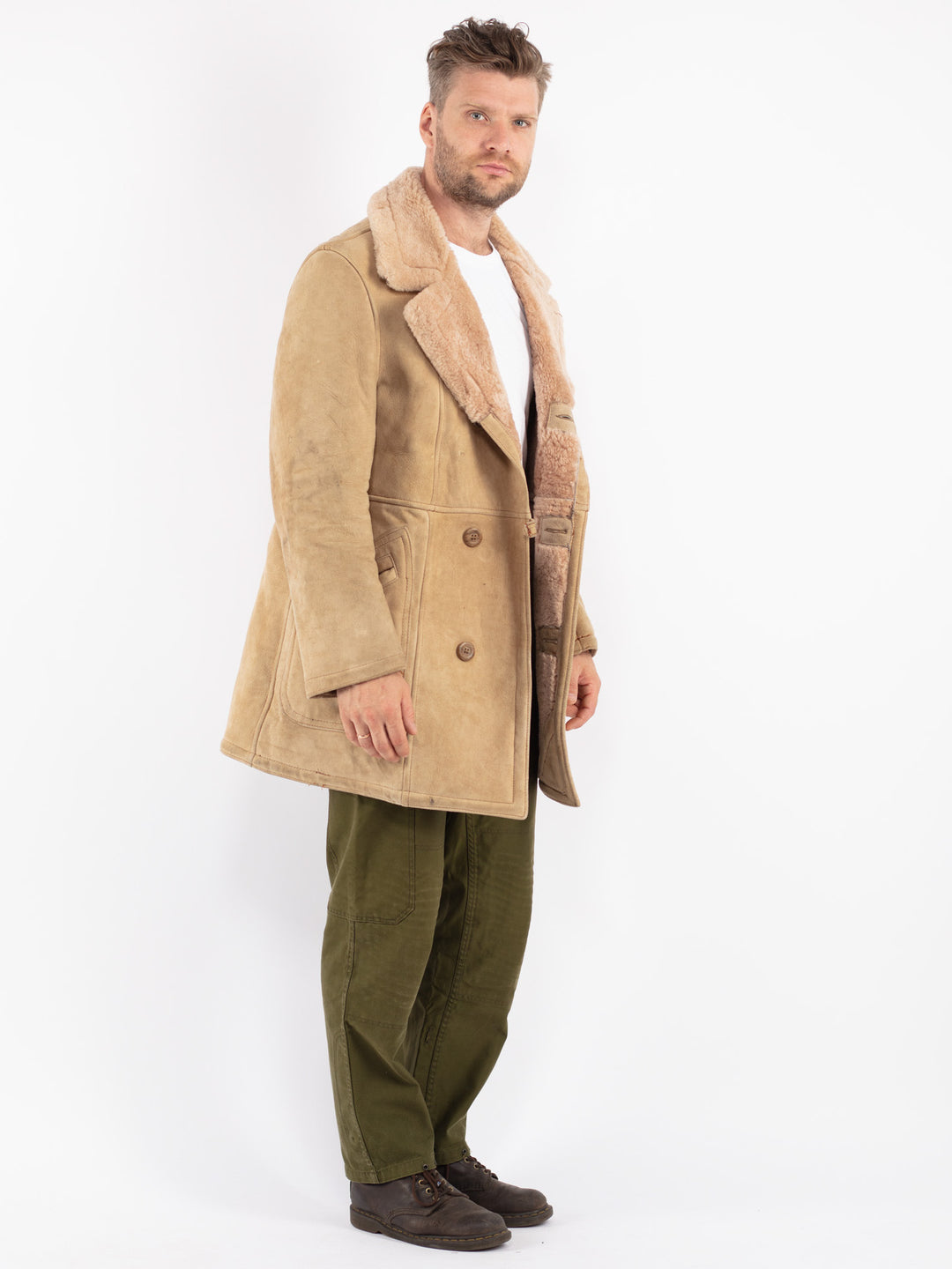 Vintage Men Sheepskin Coat in Beige