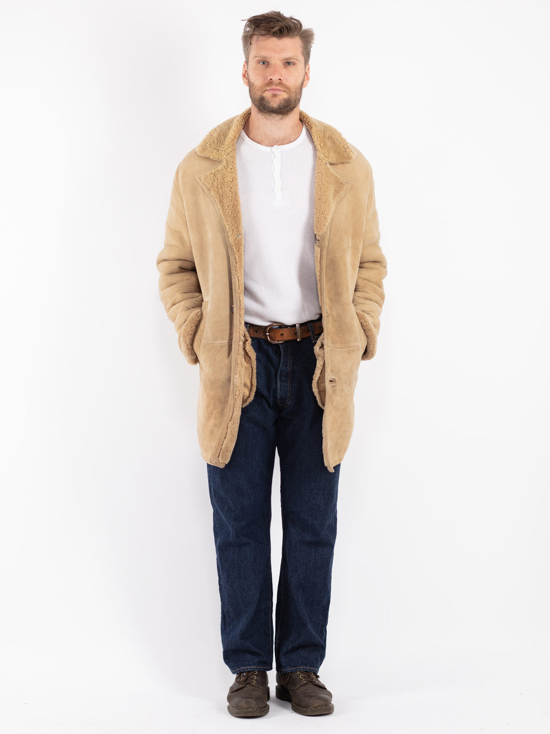 Vintage 70's Men Sheepskin Coat in Beige