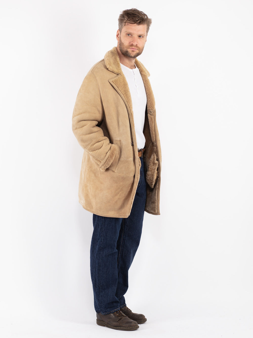 Vintage 70's Men Sheepskin Coat in Beige