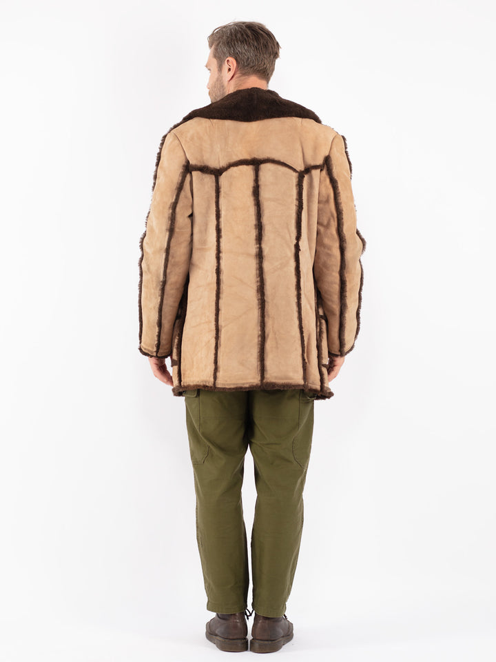 Vintage 70's Men Sheepskin Shearling Coat in Beige
