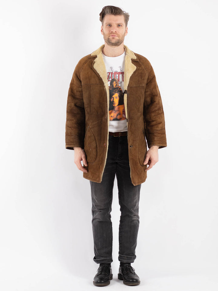 Vintage 70's Men Sheepskin Shearling Coat in Brown