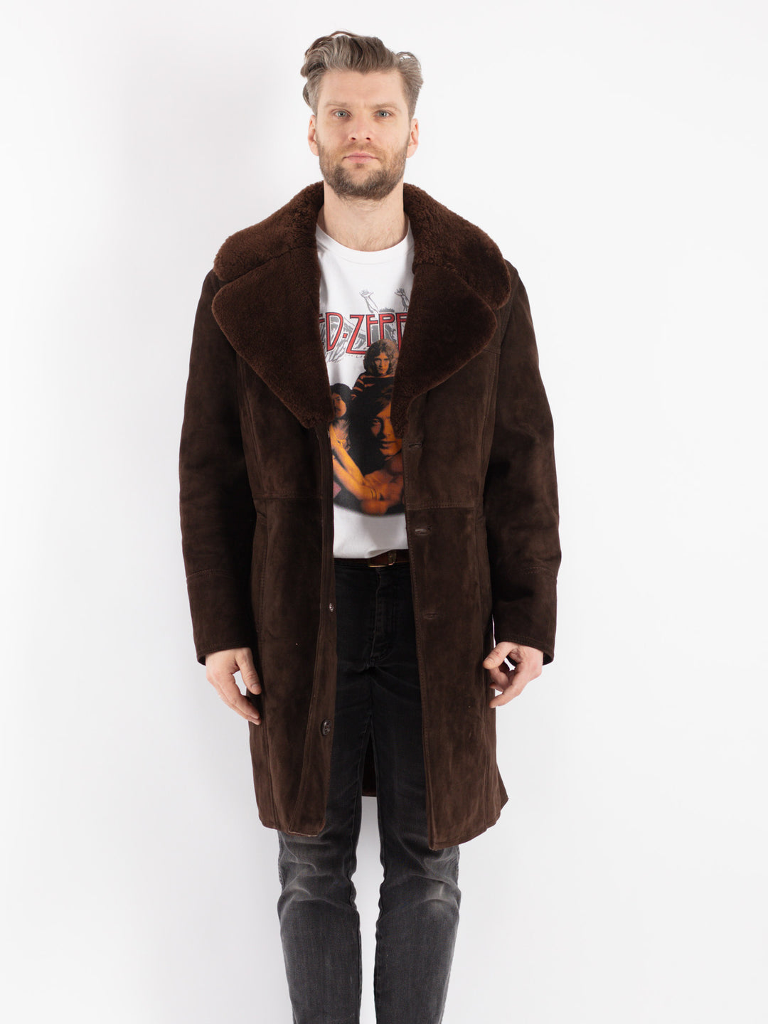 Vintage 70's Men Sheepskin Shearling Coat in Brown
