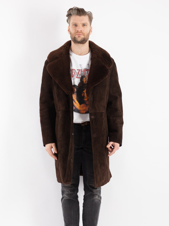 Vintage 70's Men Sheepskin Shearling Coat in Brown
