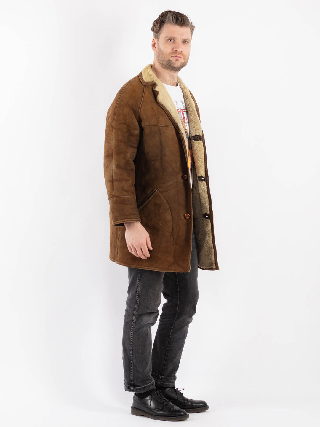 Vintage 70's Men Sheepskin Shearling Coat in Brown