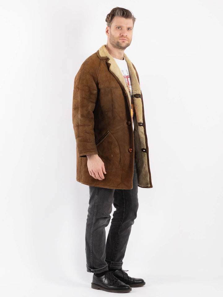 Vintage 70's Men Sheepskin Shearling Coat in Brown