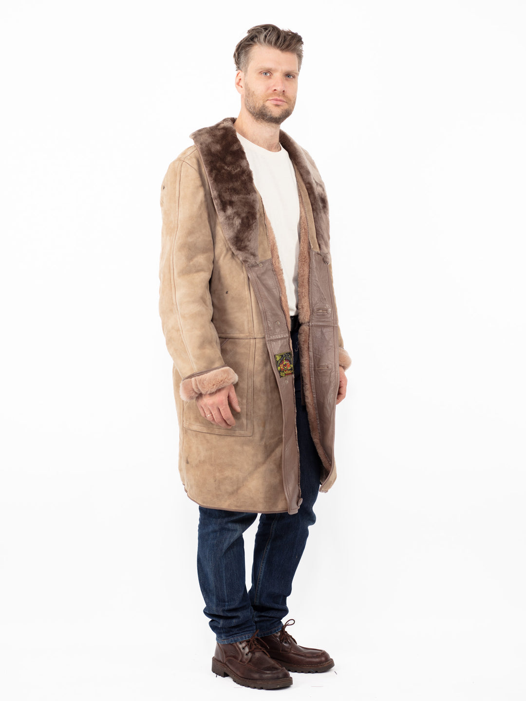 Vintage 70's Men Oversized Sheepskin Coat in Beige