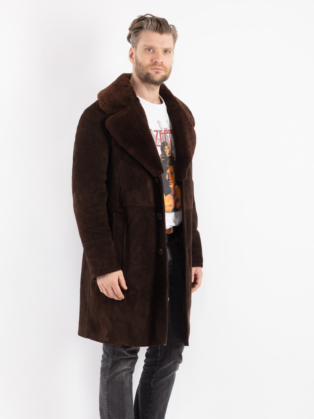 Vintage 70's Men Sheepskin Shearling Coat in Brown