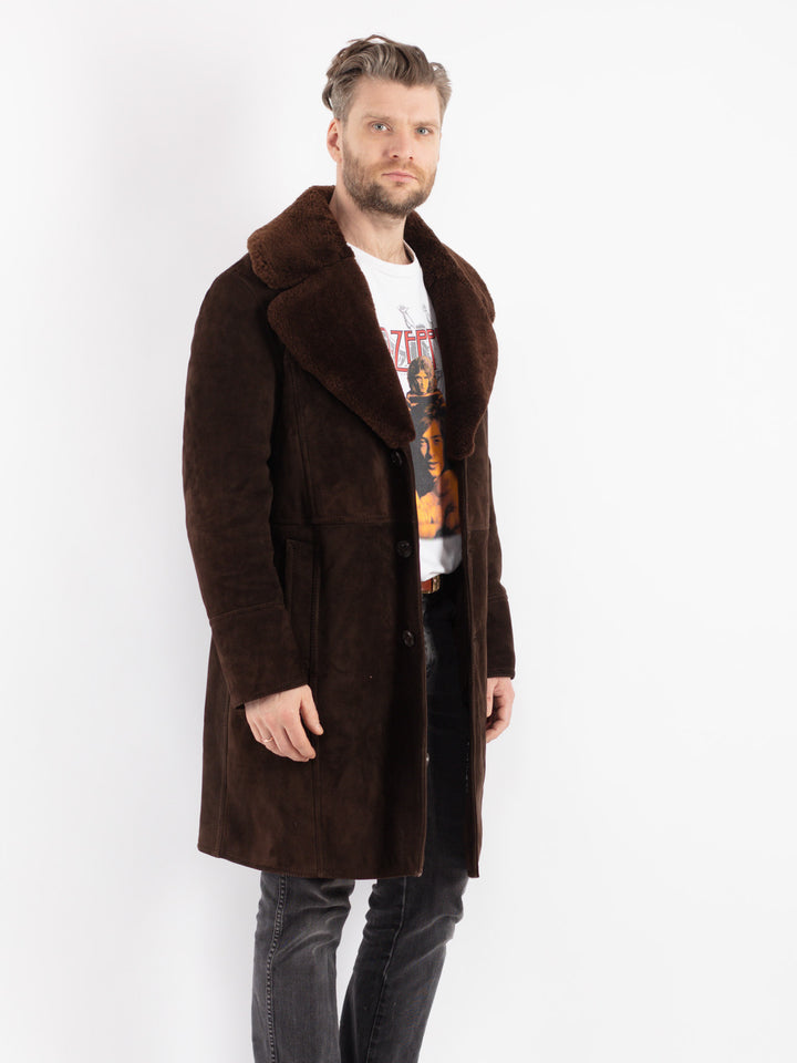 Vintage 70's Men Sheepskin Shearling Coat in Brown
