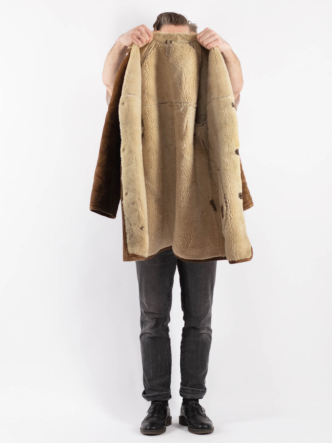 Vintage 70's Men Sheepskin Shearling Coat in Brown