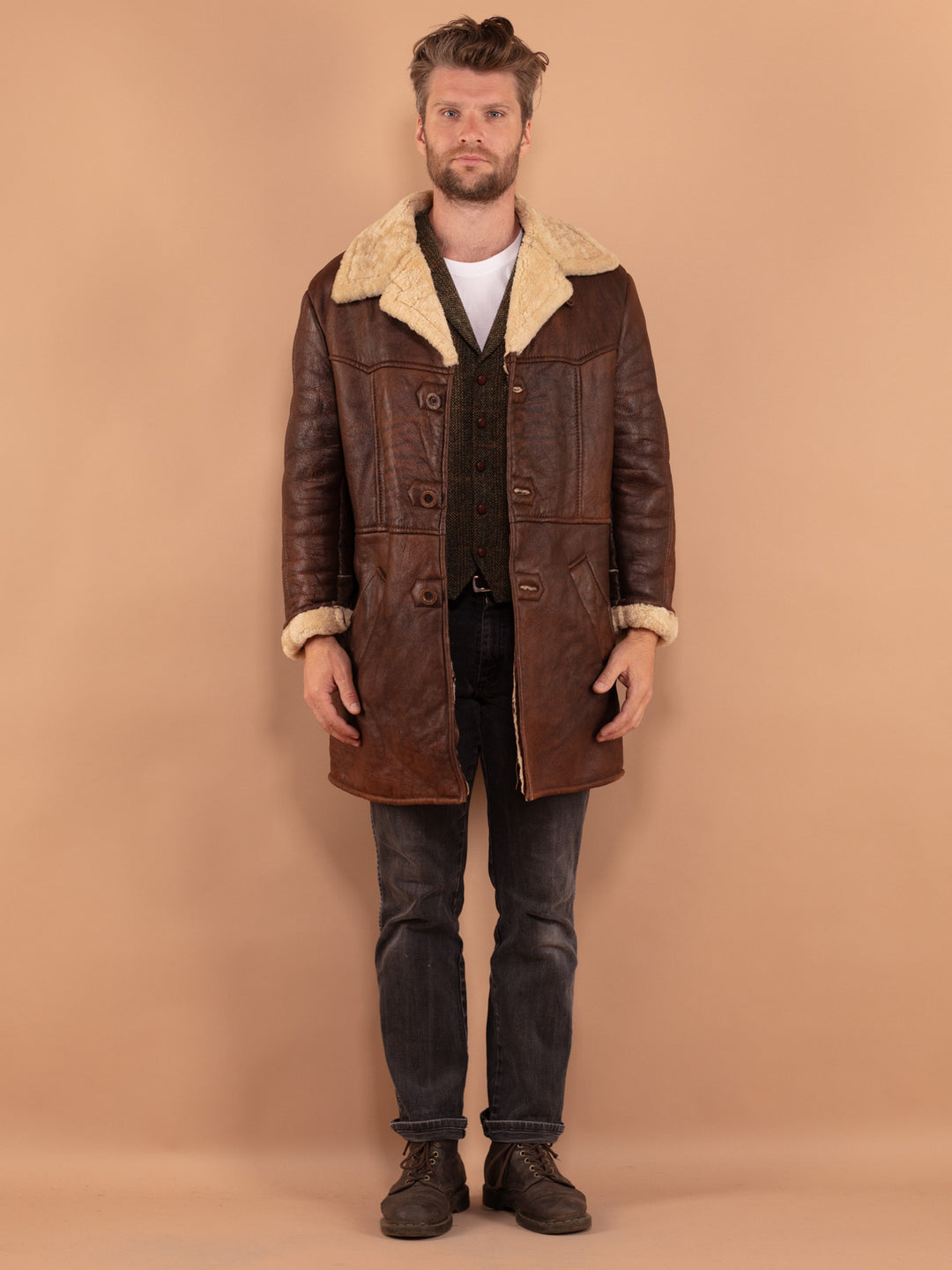 Vintage 70's Men Sheepskin Coat in Brown