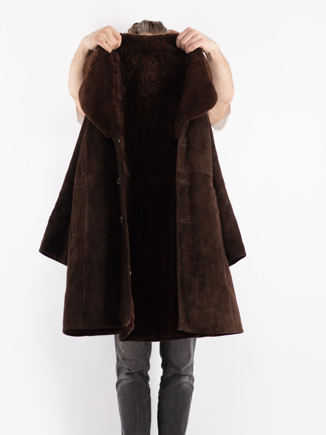 Vintage 70's Men Sheepskin Shearling Coat in Brown