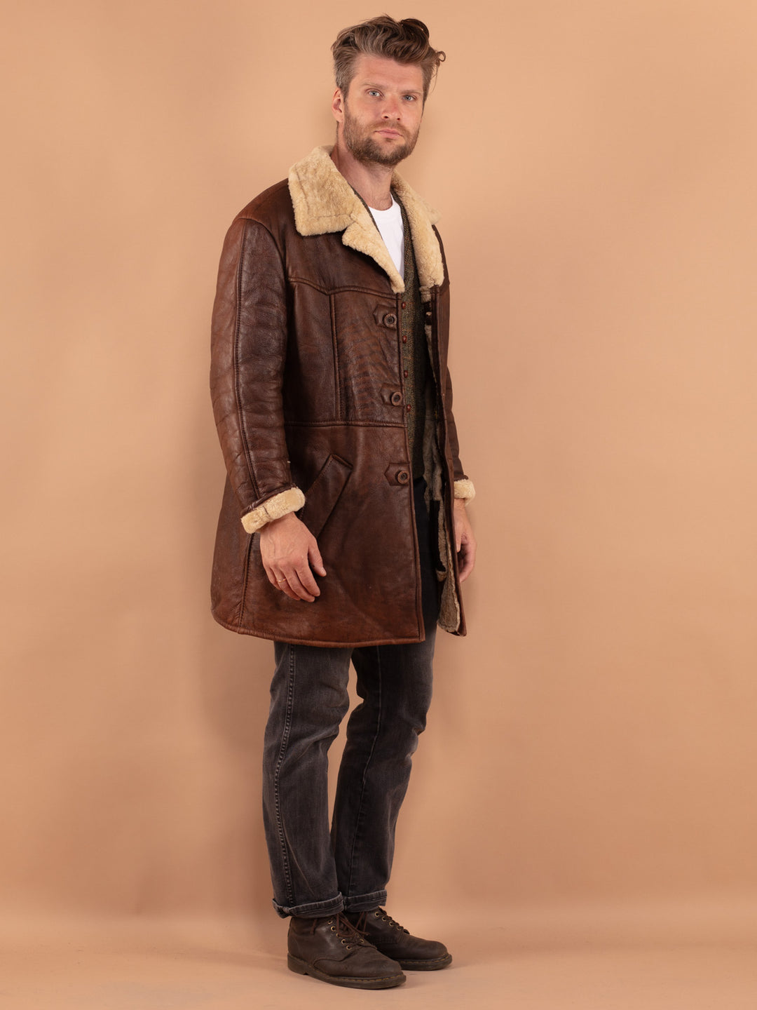 Vintage 70's Men Sheepskin Coat in Brown