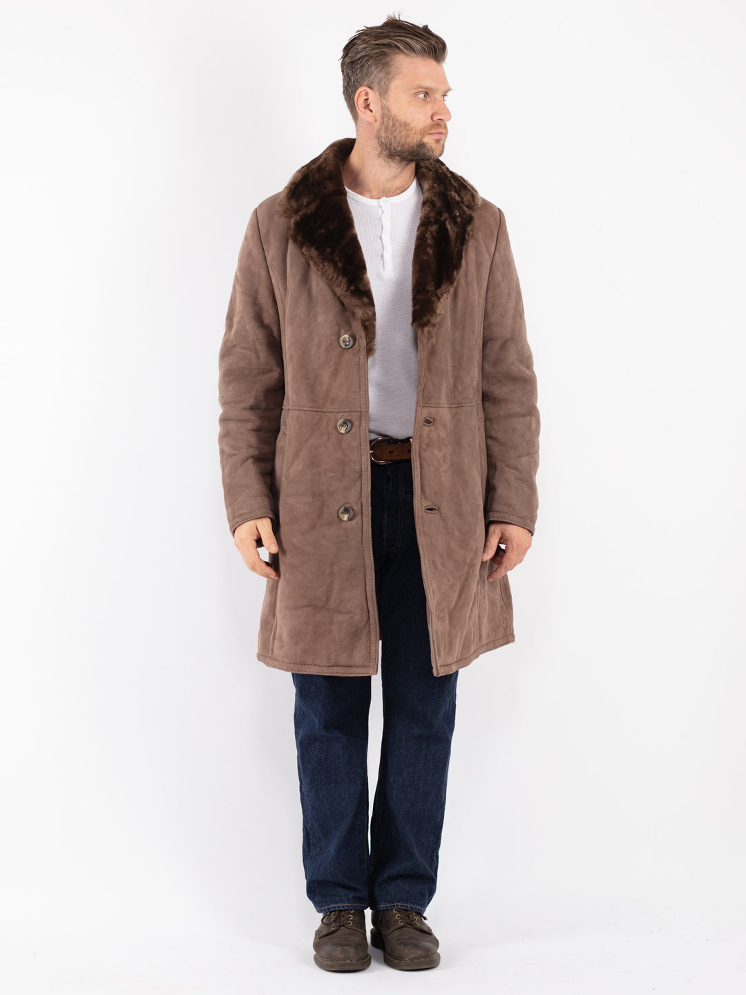 Vintage 70's Men Sheepskin Coat in Beige