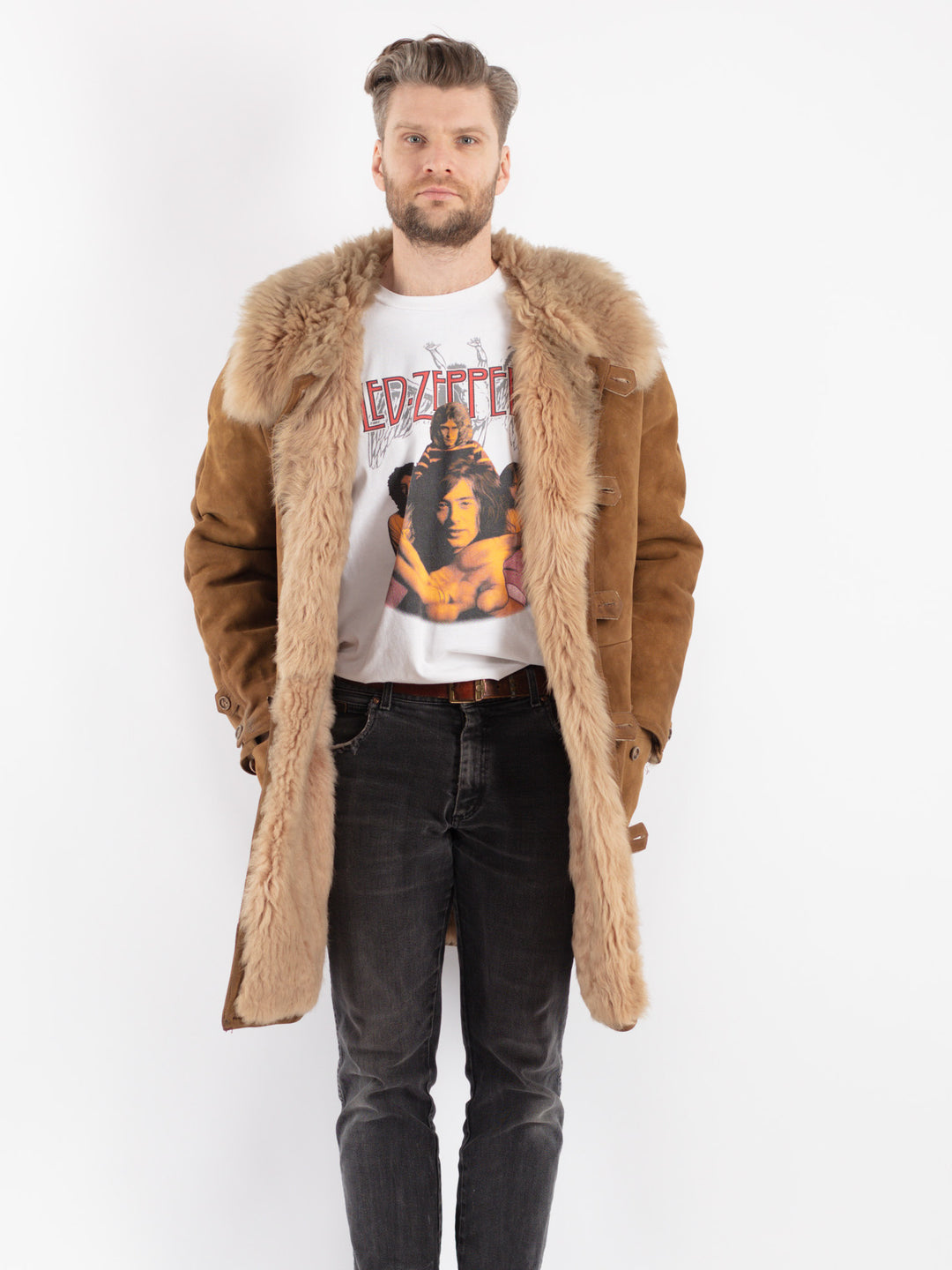 Vintage 70's Men Sheepskin Shearling Coat in Beige