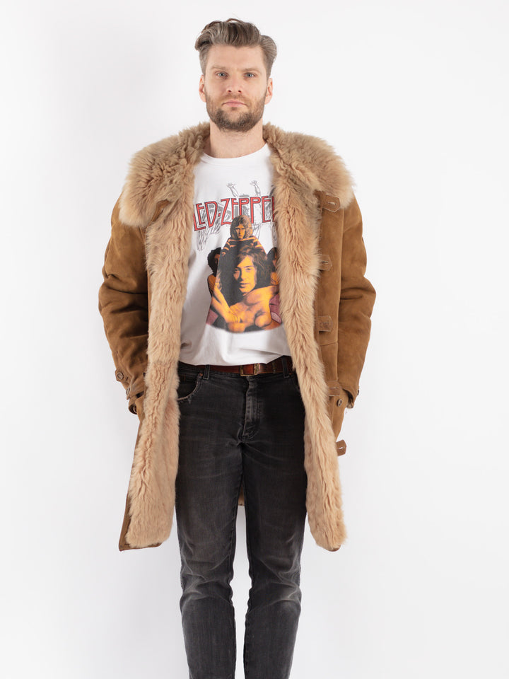 Vintage 70's Men Sheepskin Shearling Coat in Beige