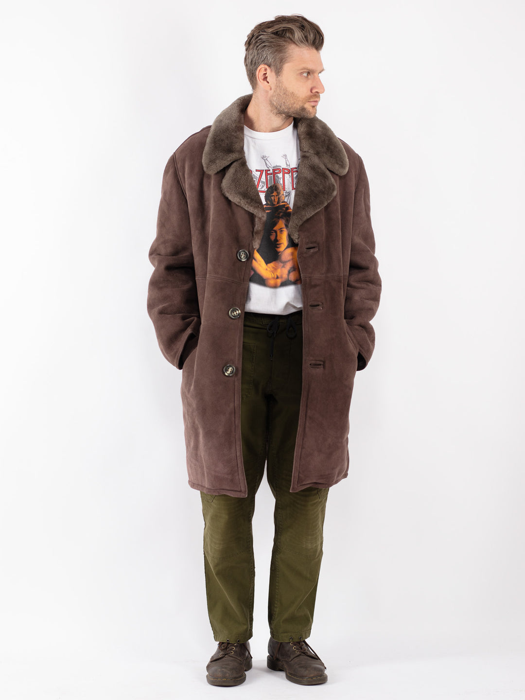Vintage Men Sheepskin Shearling Coat in Brown