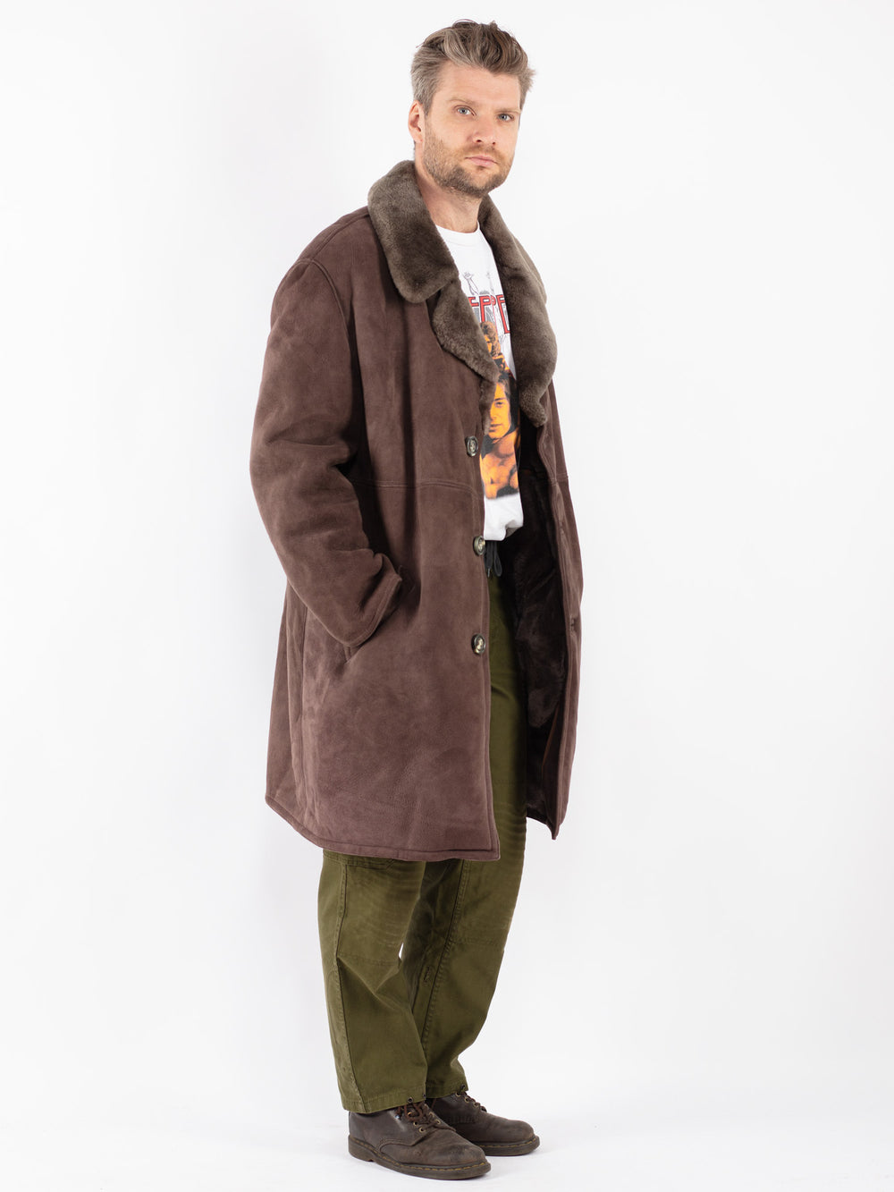 Vintage Men Sheepskin Shearling Coat in Brown