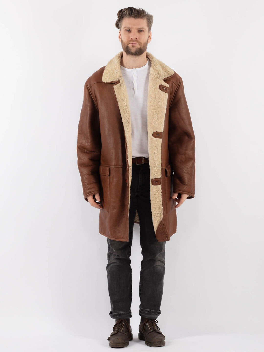 Vintage 70's Men Sheepskin Shearling Coat in BrownZ1001