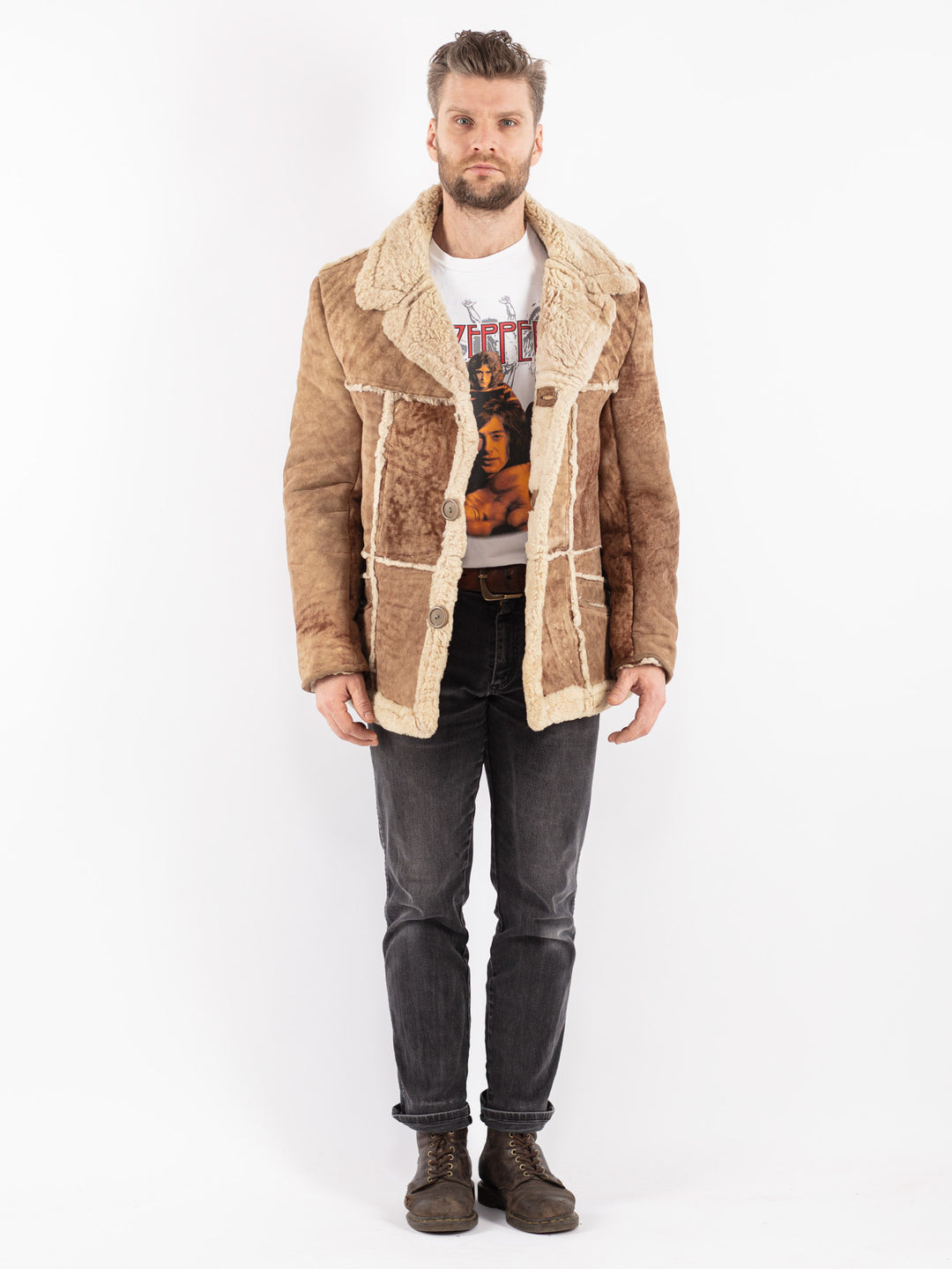 Vintage 70's Men Sheepskin Coat in Beige
