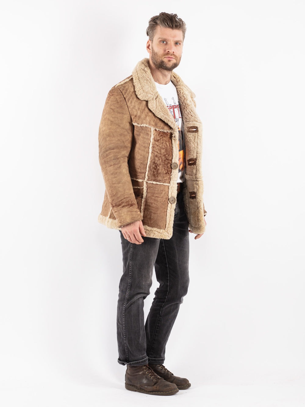 Vintage 70's Men Sheepskin Coat in Beige