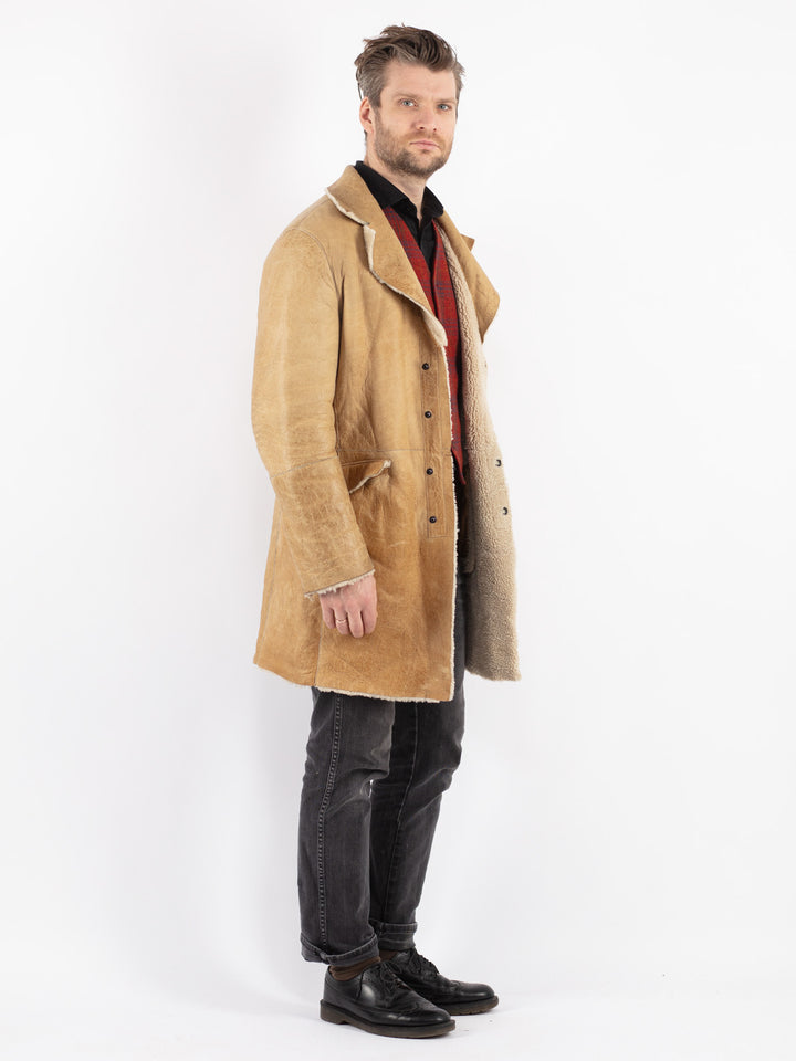 Vintage 80's Men Sheepskin Shearling Coat in Beige
