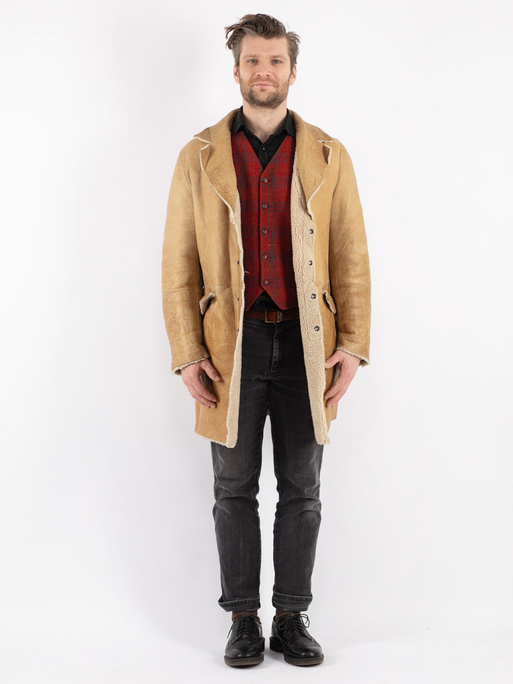 Vintage 80's Men Sheepskin Shearling Coat in Beige