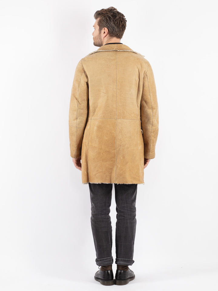 Vintage 80's Men Sheepskin Shearling Coat in Beige