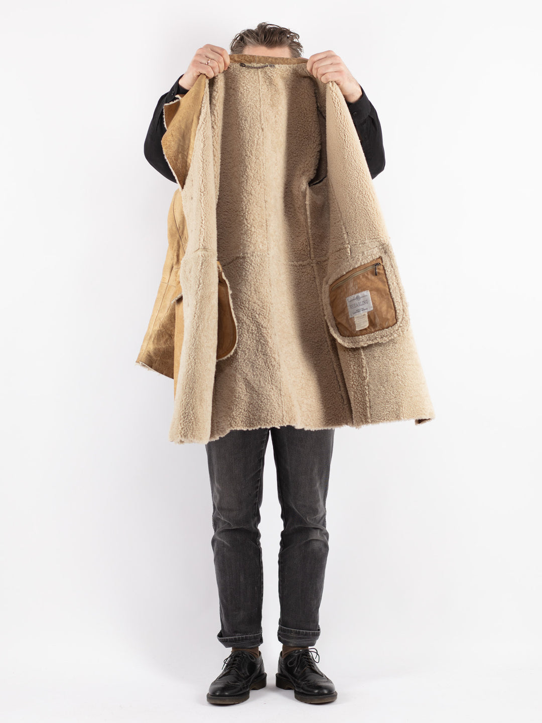 Vintage 80's Men Sheepskin Shearling Coat in Beige