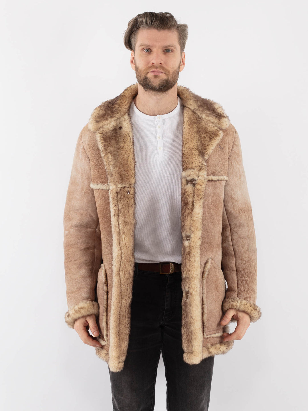 Vintage 70's Men Sheepskin Shearling Coat in BeigeZ1003