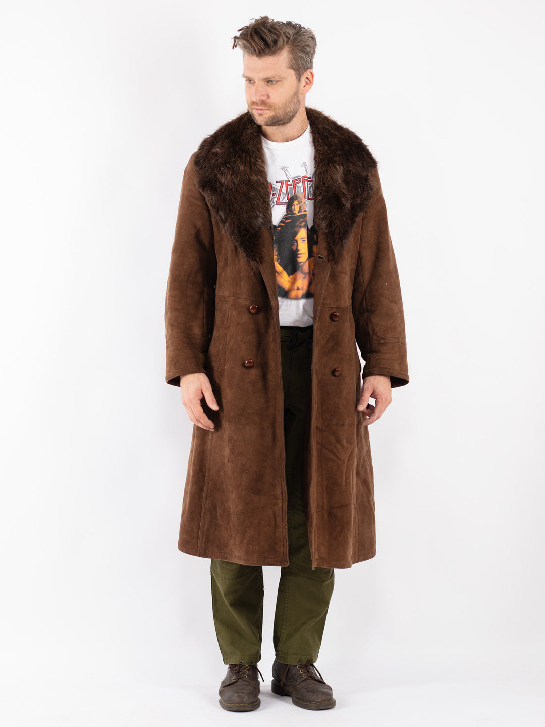 Vintage Men Sheepskin Shearling Coat in Brown