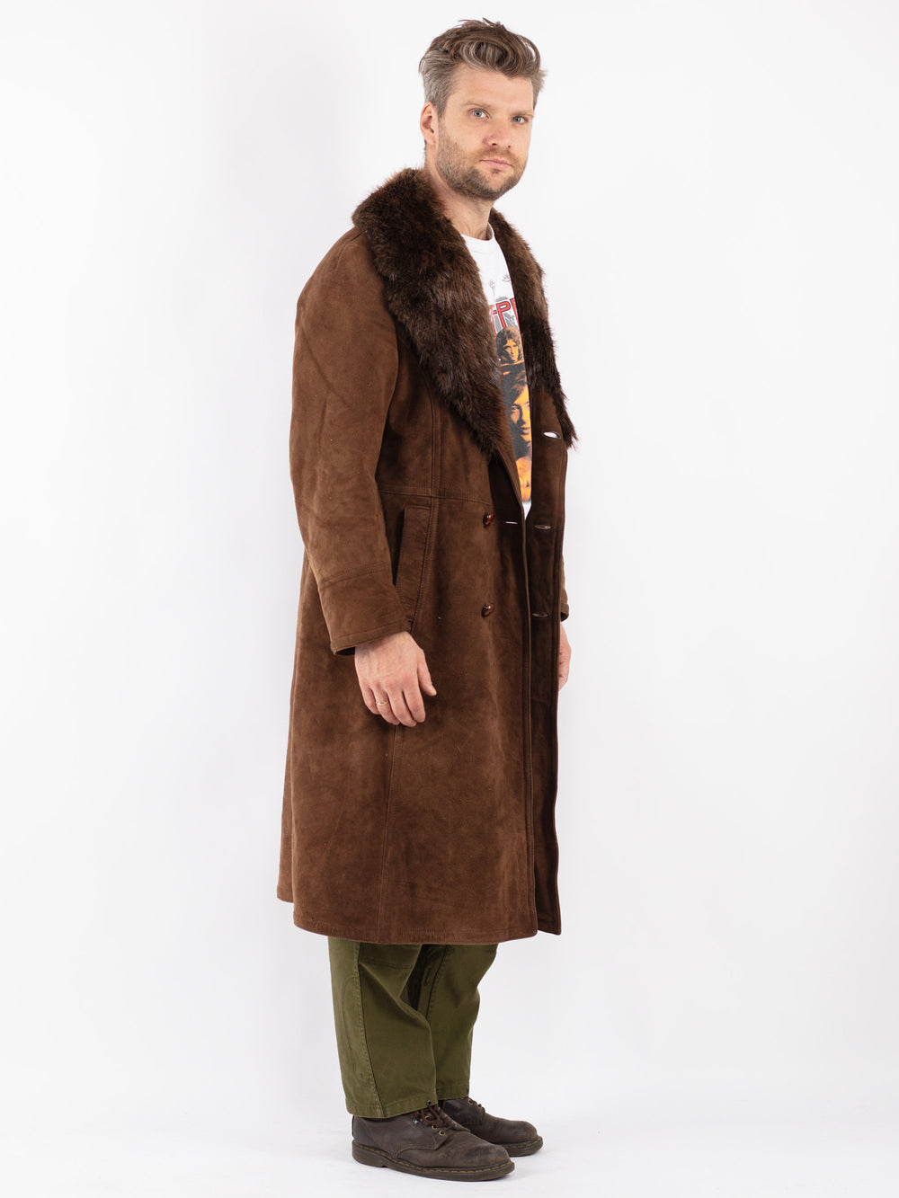 Vintage Men Sheepskin Shearling Coat in Brown