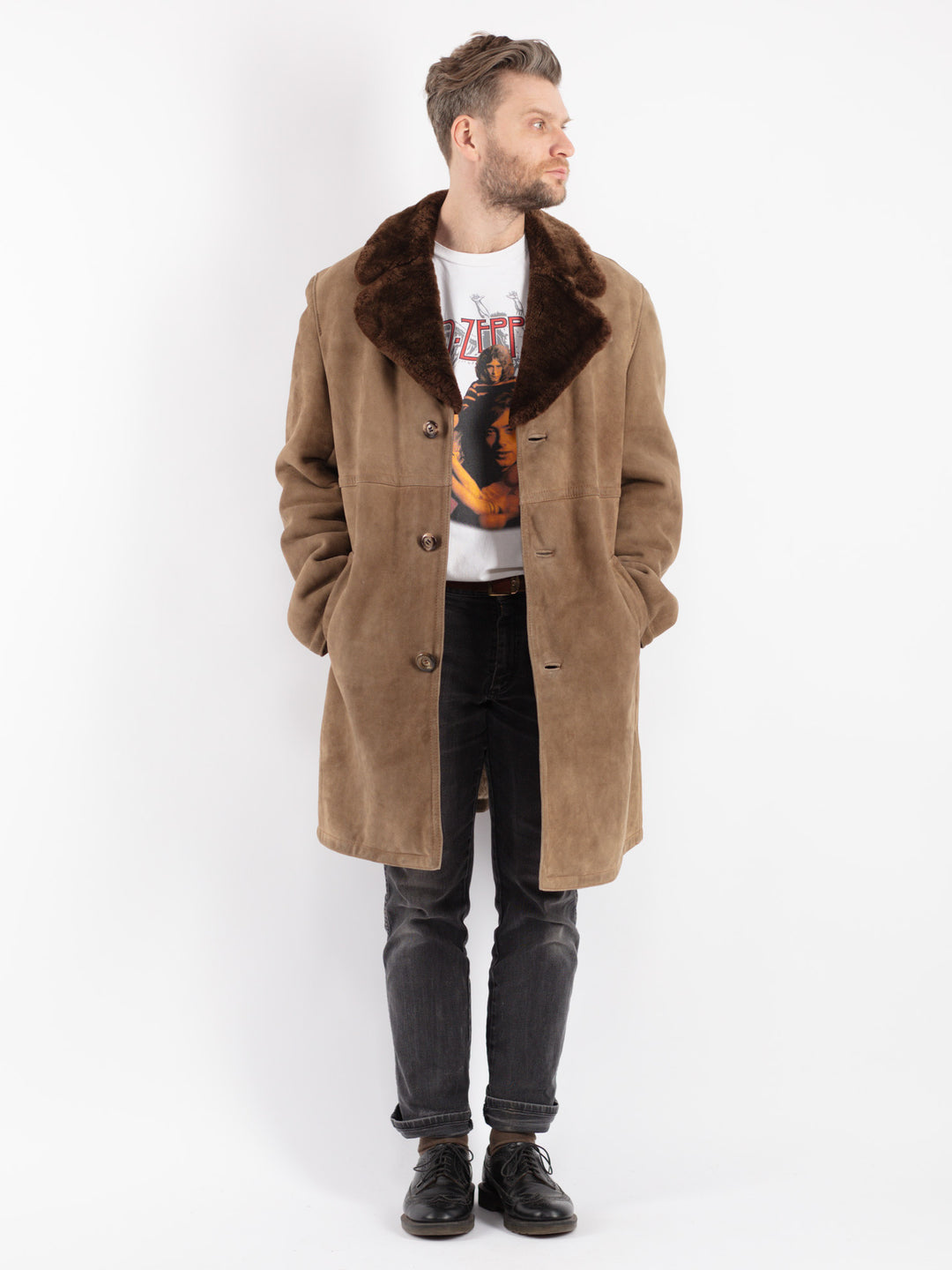Vintage 70's Men Sheepskin Coat in Beige